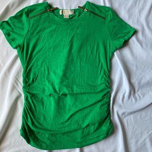 Michael Kors 2 Decor Gold Zipper Ruched Sides Bodycon Shirt Women Green Medium